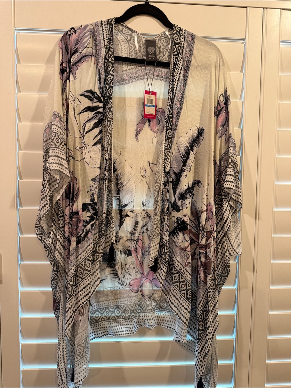 Vince Camino Floral Open-Front Kimono Cardigan - Cream with Pink & Black
